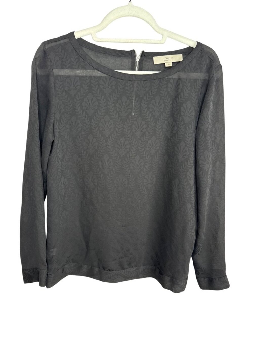 LOFT Womens Small Black Sheer Leaf Jacquard Zip Back Blouse